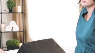 Lesbian blonde masseur fucks big boobs MILF coworker with strapon
