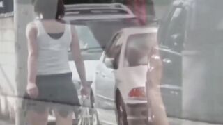 Her golden stream leaks through her panties in public corner