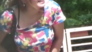 Her golden stream leaks through her panties in public corner