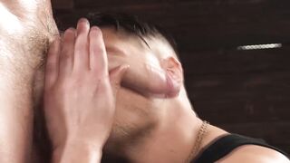 WoodxBound slaps and strokes Colt Spences meaty hog until he finally cums