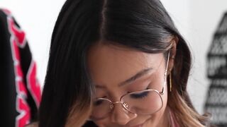 Petite teen stepsister riding big hard dick after hot Asian gave a blowjob