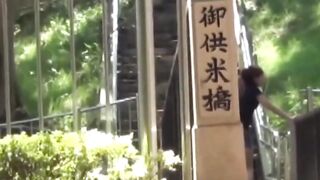 Voyeur spots babe peeing on stairs and flees in wet skirt