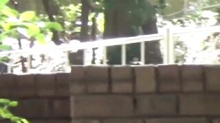 Voyeur spots babe peeing on stairs and flees in wet skirt