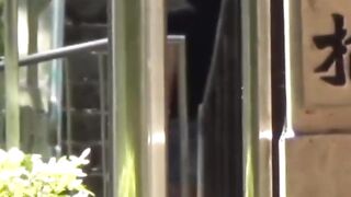 Voyeur spots babe peeing on stairs and flees in wet skirt