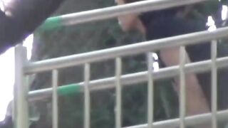 Voyeur spots babe peeing on stairs and flees in wet skirt