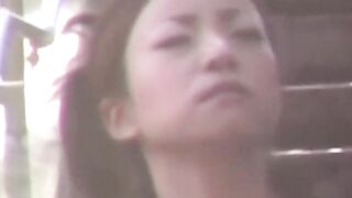 Voyeur spots babe peeing on stairs and flees in wet skirt