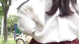 Naughty Japanese girl rubbing pussy on knobby bump