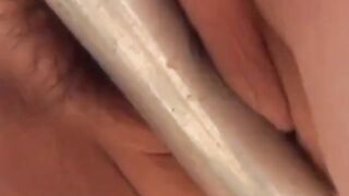 Adorable Asian girl rubbing hairy pussy outdoor