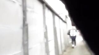 Street squatters pee in secluded alley and walk off wet