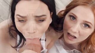 Petite babes Scarlet Skies and Selina Imai has perfect cock riding skills