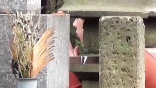 Pretty Asian lifts skirt and floods rack with golden piss