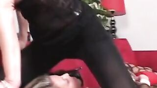 Teen Smothers Mature Man in Lingerie Stockings with Blowjob & Riding