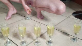 Nude dark hair pee inside 8 glasses and trying to drink