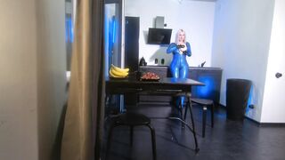Pvc Latex Bondage Curvy mom Woman into Blue Texturized Catsuit.