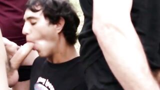 Public Orgy - Four Guys Gangbanging Older Man Outdoor