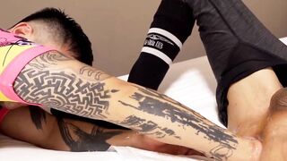 Tattoed Yoshi shows no mercy to Hiros cunt treating it like a punching bag