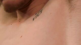Amateur twink licking his armpits and wanking hairy cock