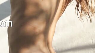 Petite blonde Australian MILF bares skinny naked figure outdoors