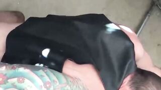 Nick Moretti face fucks Damian Xs trapped body in stockade hard
