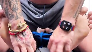 Riley Mitchel giving blowjob and tickling bondaged Girth Brooks