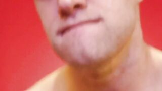 Young stud wanking off his mega cock in closeup