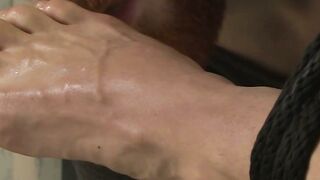 Submissive Jason Maddox tied up and sucked by fetish guys