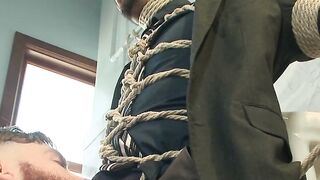 Submissive Jason Maddox tied up and sucked by fetish guys