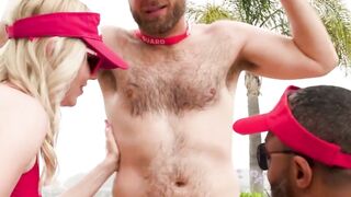 Blonde babe Rebel Rhyder sucks and rides two bisexual cock