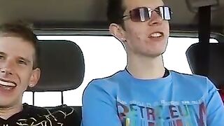 Picking up cute twink Todd for hard threesome sex in the car