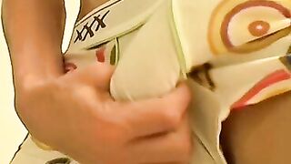 Cute cock guzzler lowers his undies and masturbates solo