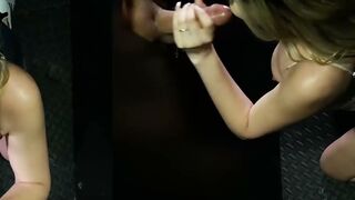 Busty girl Sweet Sophia slobbers all over gloryhole cocks