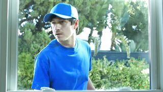 Delivery guy watches busty tgirl jerk off and is invited in