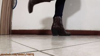 He Wached me Walking inside Leather Boots and he Talked