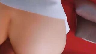 Cute Schoolgirl in Socks Teases Ass on Red Couch