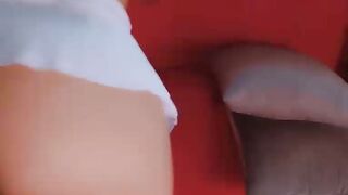 Cute Schoolgirl in Socks Teases Ass on Red Couch