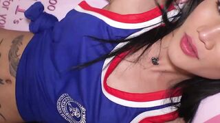 Ladyboy Green strokes me with her feet and big titties