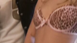 Denisa Heaven strokes cock to spray jizz on her body in the hallway