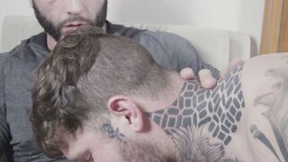 Muscular Andrew Green rides beefy Markus Kage in his first porn video