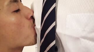 Hiroya Tongue Fucks Shinta in Suit Before Raw Bareback Sex