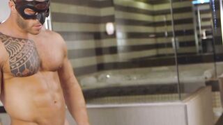 Masked muscular Devon Dexx strips slowly and masturbates