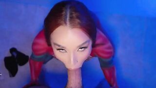 COSPLAY SPIDERWOMAN FUCKS Point of view aficionado and rides him to a CUMSHOT!