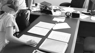 The boss fucks his small secretary on the office table