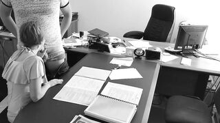 The boss fucks his small secretary on the office table