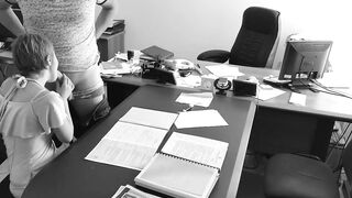 The boss fucks his small secretary on the office table