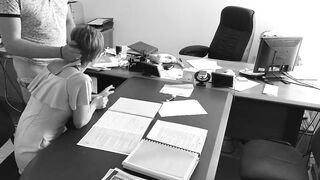 The boss fucks his small secretary on the office table