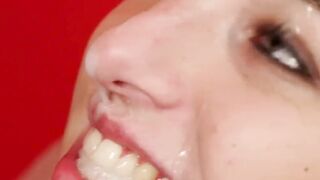 Slutty doll gets jizz shot on her face swallowing all