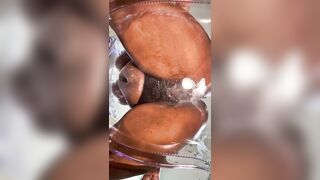 Curly Milky Soak Vagina on a Oily Chair Slipping and
