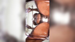 Curly Milky Soak Vagina on a Oily Chair Slipping and