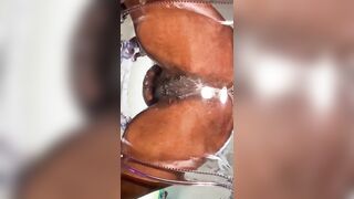 Curly Milky Soak Vagina on a Oily Chair Slipping and