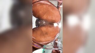 Curly Milky Soak Vagina on a Oily Chair Slipping and